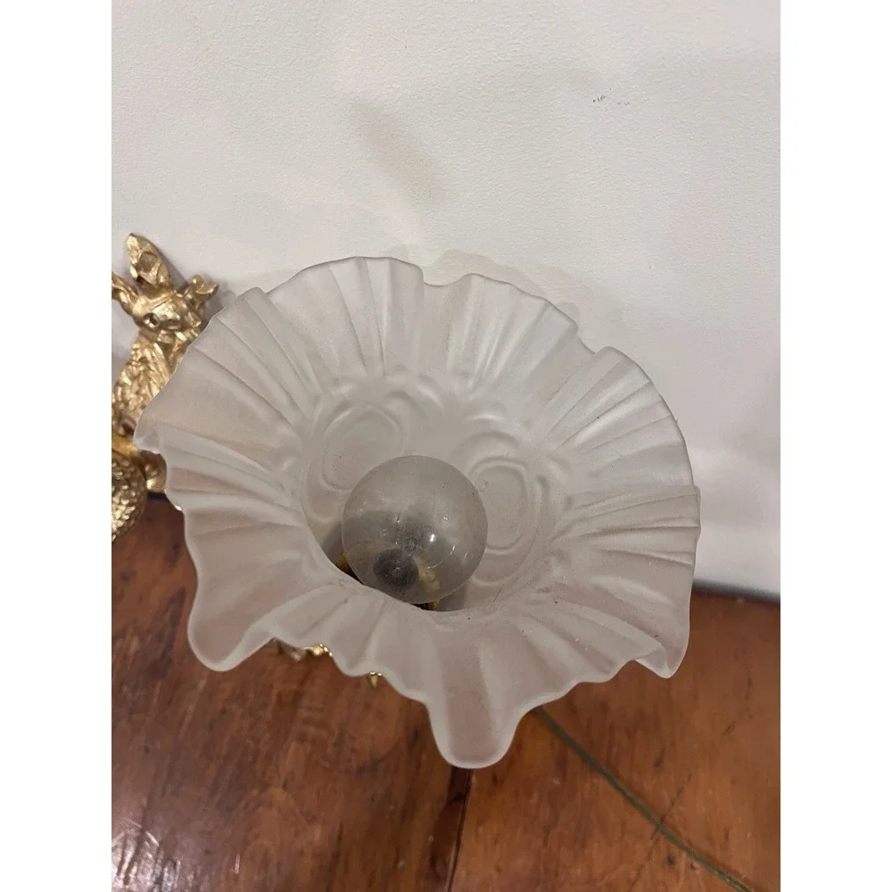 Antique Gilt Rococo 2 Arm Wall Sconce  Electric Corded Fish Glass Scallop Shades